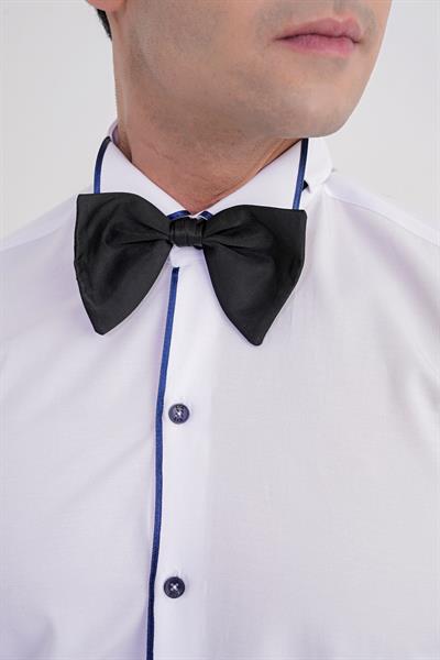 Slim Fit Önü Lacivert Biyeli Ata Yaka Beyaz Smokin Gömlek GK 733