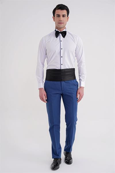Slim Fit Önü Lacivert Biyeli Ata Yaka Beyaz Smokin Gömlek GK 733