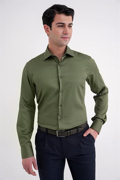 Slim Fit %100 Pamuk Non Iron Kumaş Haki Gömlek Gk 734