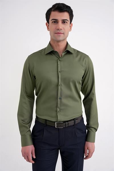 Slim Fit %100 Pamuk Non Iron Kumaş Haki Gömlek Gk 734