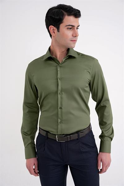 Slim Fit %100 Pamuk Non Iron Kumaş Haki Gömlek Gk 734