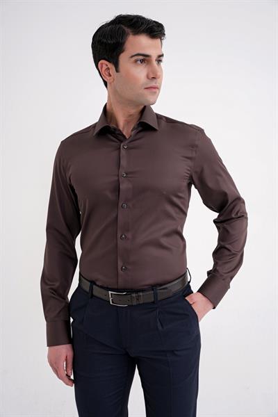 Slim Fit %100 Pamuk Non Iron Kumaş Kahverengi Gömlek Gk 734