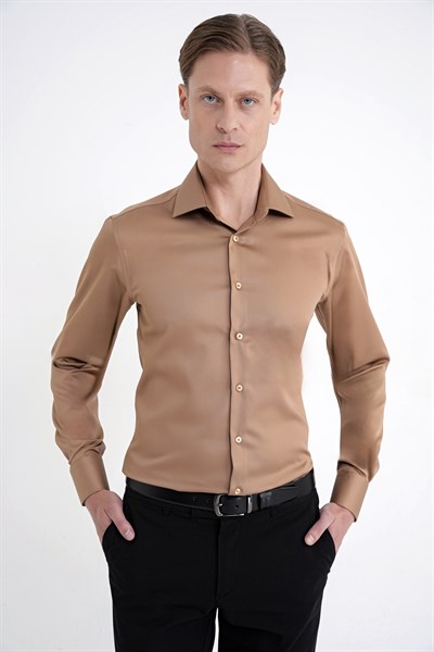 Slim Fit %100 Pamuk Non Iron Kumaş Taba Gömlek Gk 734