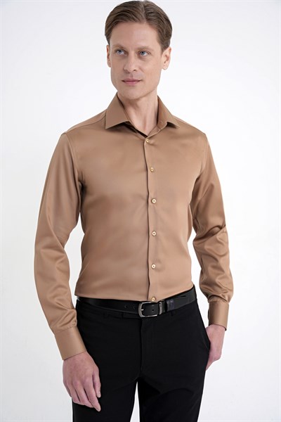 Slim Fit %100 Pamuk Non Iron Kumaş Taba Gömlek Gk 734