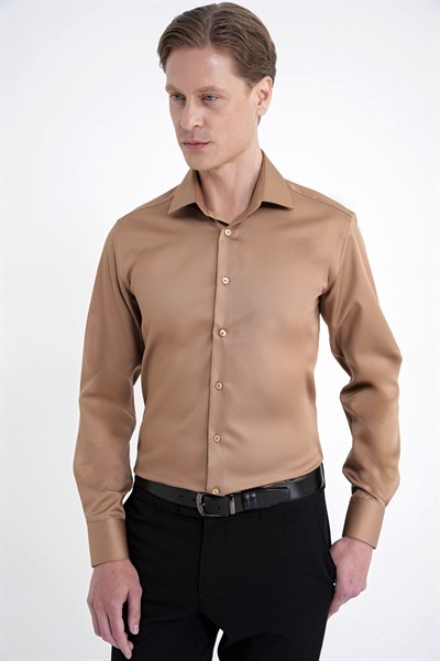 Slim Fit %100 Pamuk Non Iron Kumaş Taba Gömlek Gk 734