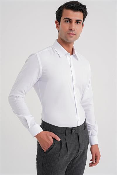 Slim Fit Kravat Yaka Esnek Pamuklu Beyaz Gömlek GK 737
