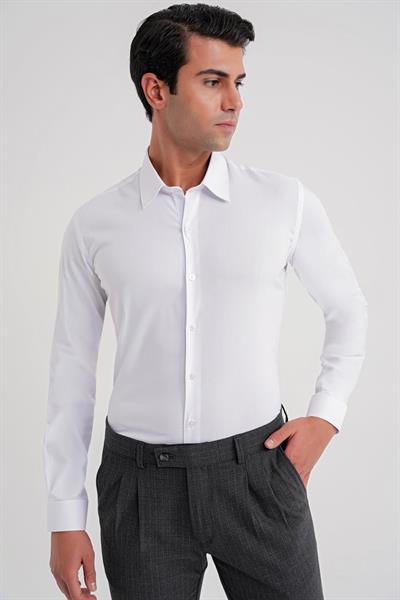 Slim Fit Kravat Yaka Esnek Pamuklu Beyaz Gömlek GK 737