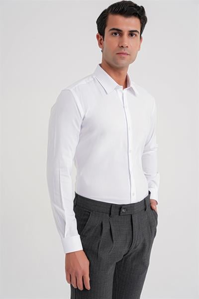 Slim Fit Kravat Yaka Esnek Pamuklu Beyaz Gömlek GK 737