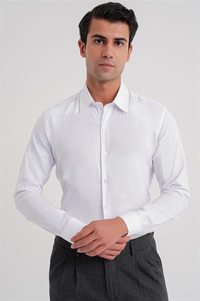 Slim Fit Kravat Yaka Esnek Pamuklu Beyaz Gömlek GK 737