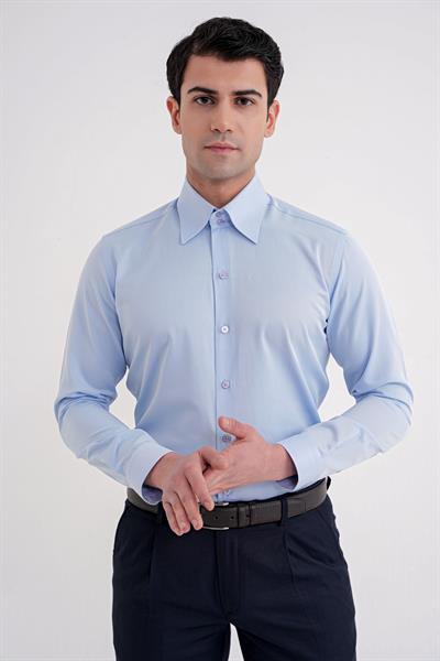 Slim Fit Çift Düğmeli Yüksek Yaka Pamuklu Açık Mavi Gömlek GK 742