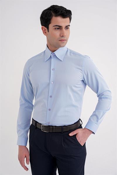 Slim Fit Çift Düğmeli Yüksek Yaka Pamuklu Açık Mavi Gömlek GK 742