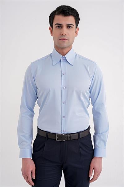 Slim Fit Çift Düğmeli Yüksek Yaka Pamuklu Açık Mavi Gömlek GK 742