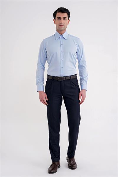 Slim Fit Çift Düğmeli Yüksek Yaka Pamuklu Açık Mavi Gömlek GK 742