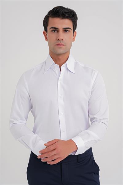 Slim Fit Çift Düğmeli Yüksek Yaka Pamuklu Beyaz Gömlek GK 742