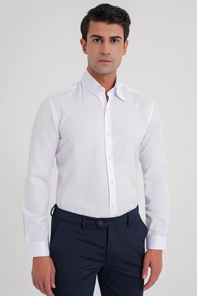 Slim Fit Çift Düğmeli Yüksek Yaka Pamuklu Beyaz Gömlek GK 742