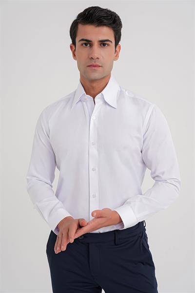Slim Fit Çift Düğmeli Yüksek Yaka Pamuklu Beyaz Gömlek GK 742
