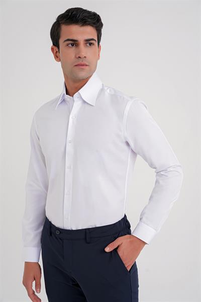 Slim Fit Çift Düğmeli Yüksek Yaka Pamuklu Beyaz Gömlek GK 742