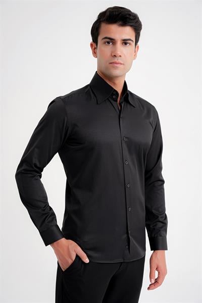 Slim Fit Çift Düğmeli Yüksek Yaka Pamuklu Siyah Gömlek GK 742