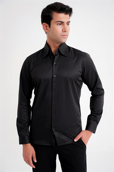 Slim Fit Çift Düğmeli Yüksek Yaka Pamuklu Siyah Gömlek GK 742