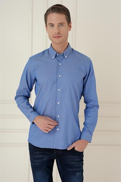Slim Fit %100 Pamuk Nokta Desenli Yaka Düğmeli Mavi Gömlek GK 748