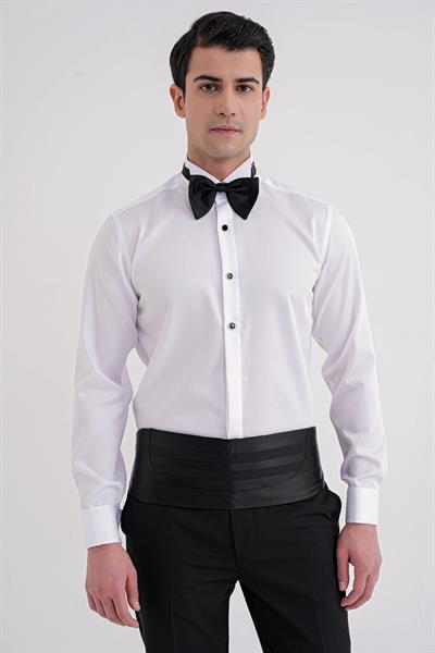 Slim Fit % 100 Pamuk Duble Manşet Ata Yaka Beyaz Smokin Gömlek GK 750