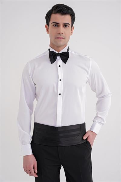 Slim Fit % 100 Pamuk Duble Manşet Ata Yaka Beyaz Smokin Gömlek GK 750
