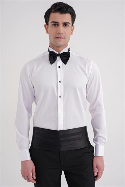 Slim Fit % 100 Pamuk Duble Manşet Ata Yaka Beyaz Smokin Gömlek GK 750