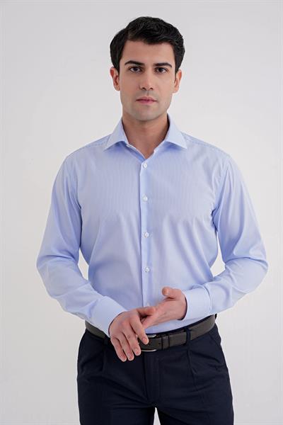 Slim Fit %100 Pamuk İtalyan Yaka Çizgili Açık Mavi Gömlek GK 751