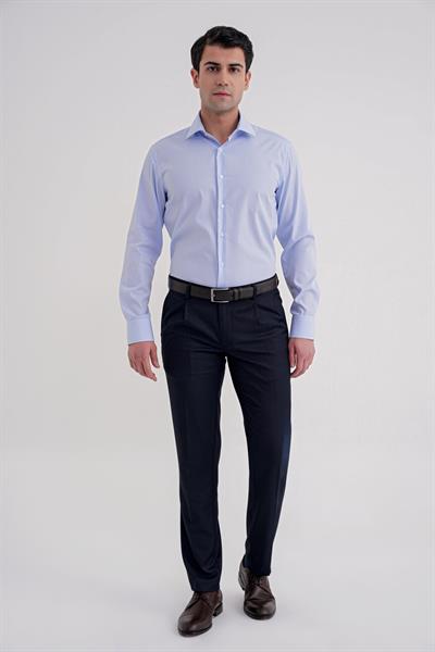 Slim Fit %100 Pamuk İtalyan Yaka Çizgili Açık Mavi Gömlek GK 751