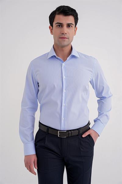 Slim Fit %100 Pamuk İtalyan Yaka Çizgili Açık Mavi Gömlek GK 751