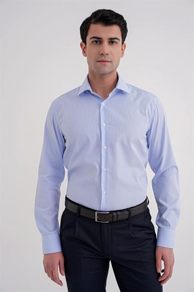 Slim Fit %100 Pamuk İtalyan Yaka Çizgili Açık Mavi Gömlek GK 751