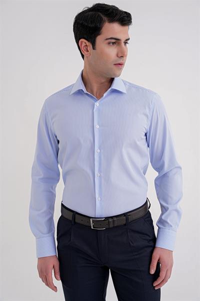 Slim Fit %100 Pamuk İtalyan Yaka Çizgili Açık Mavi Gömlek GK 751