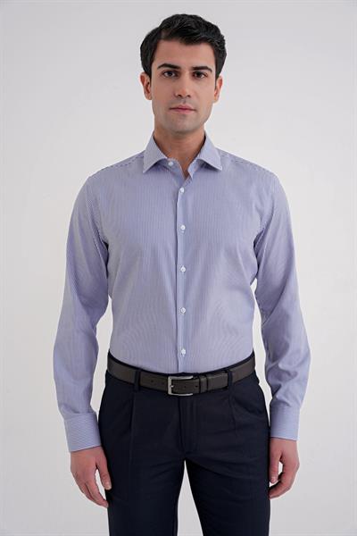 Slim Fit %100 Pamuk İtalyan Yaka Çizgili Lacivert Gömlek GK 751