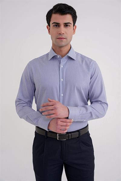 Slim Fit %100 Pamuk İtalyan Yaka Çizgili Lacivert Gömlek GK 751
