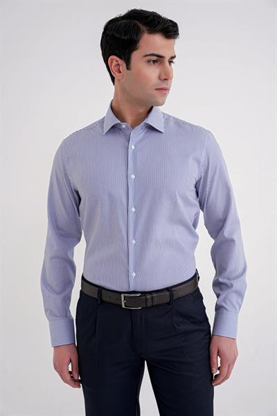 Slim Fit %100 Pamuk İtalyan Yaka Çizgili Lacivert Gömlek GK 751