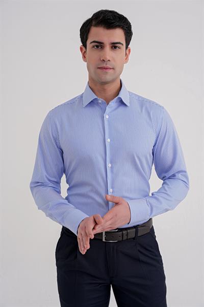 Slim Fit %100 Pamuk İtalyan Yaka Çizgili Mavi Gömlek GK 751