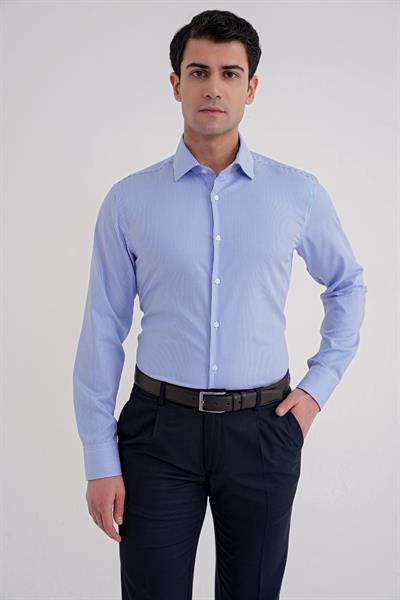 Slim Fit %100 Pamuk İtalyan Yaka Çizgili Mavi Gömlek GK 751