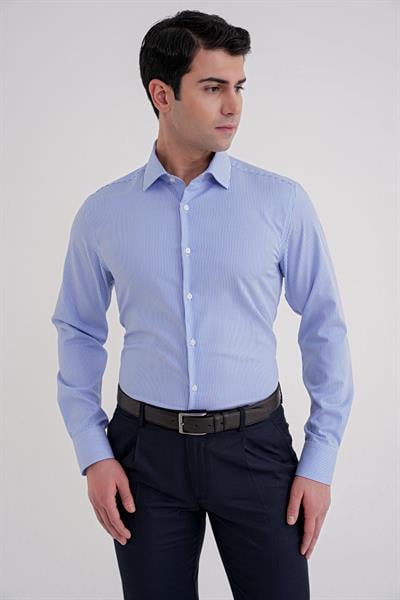 Slim Fit %100 Pamuk İtalyan Yaka Çizgili Mavi Gömlek GK 751