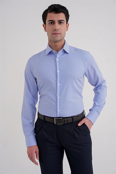 Slim Fit %100 Pamuk İtalyan Yaka Çizgili Mavi Gömlek GK 751