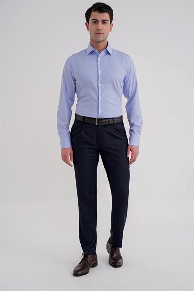 Slim Fit %100 Pamuk İtalyan Yaka Çizgili Mavi Gömlek GK 751