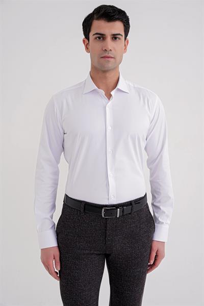 Slim Fit Kravat Yaka Esnek Pamuklu Beyaz Gömlek GK 752