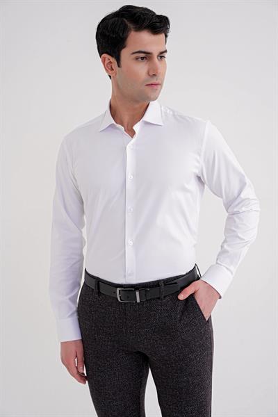 Slim Fit Kravat Yaka Esnek Pamuklu Beyaz Gömlek GK 752