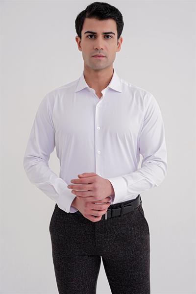 Slim Fit Kravat Yaka Esnek Pamuklu Beyaz Gömlek GK 752