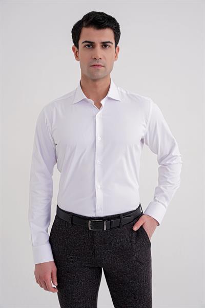 Slim Fit Kravat Yaka Esnek Pamuklu Beyaz Gömlek GK 752