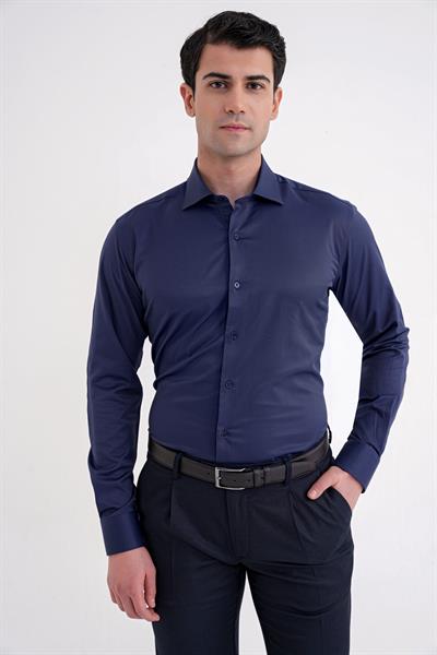Slim Fit Kravat Yaka Esnek Pamuklu Lacivert Gömlek GK 752