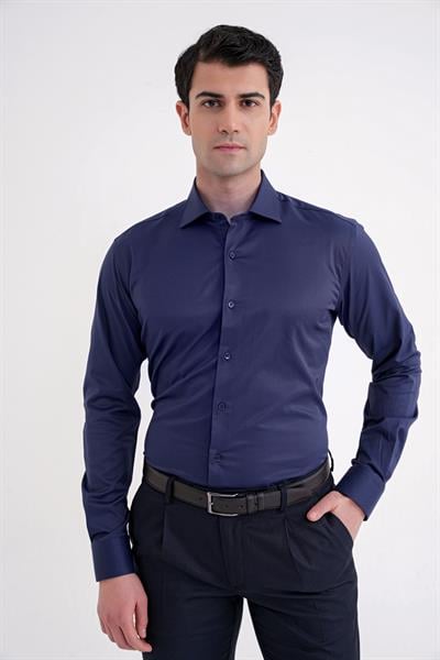 Slim Fit Kravat Yaka Esnek Pamuklu Lacivert Gömlek GK 752