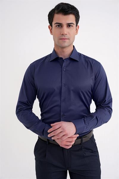 Slim Fit Kravat Yaka Esnek Pamuklu Lacivert Gömlek GK 752
