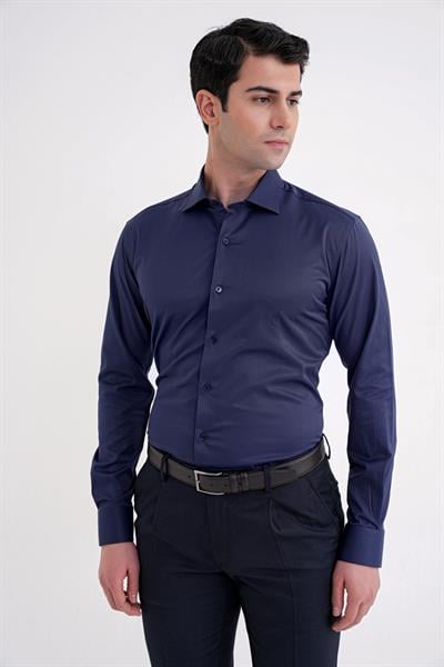 Slim Fit Kravat Yaka Esnek Pamuklu Lacivert Gömlek GK 752
