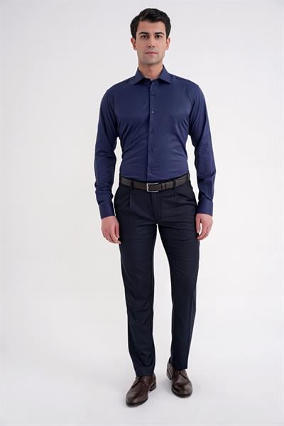 Slim Fit Kravat Yaka Esnek Pamuklu Lacivert Gömlek GK 752