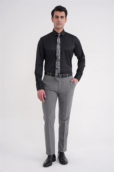 Slim Fit Kravat Yaka Esnek Pamuklu Siyah Gömlek GK 752